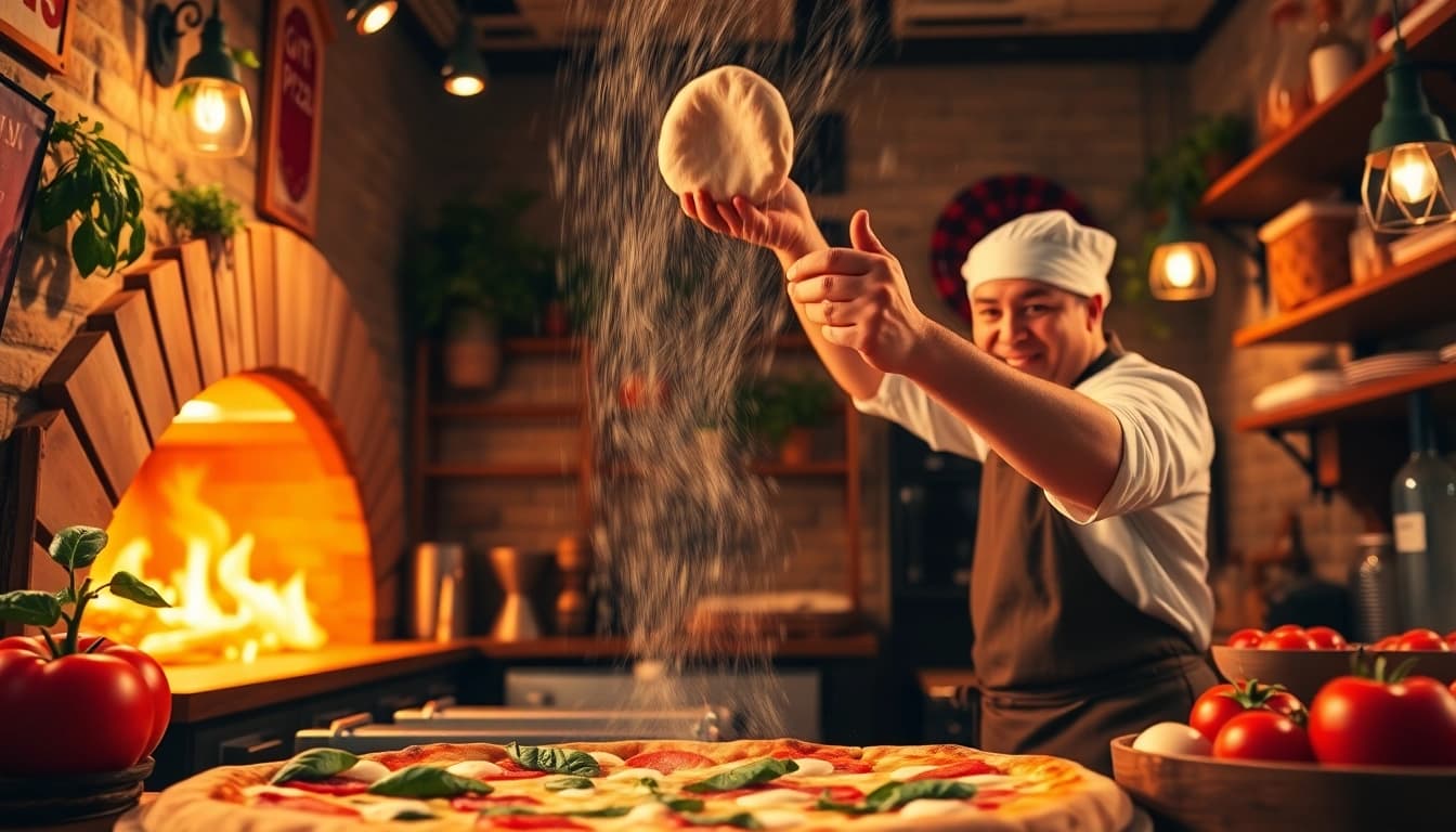 Erlebe die Zubereitung der perfekten Gute Pizza im rustikalen Pizzarestaurant.