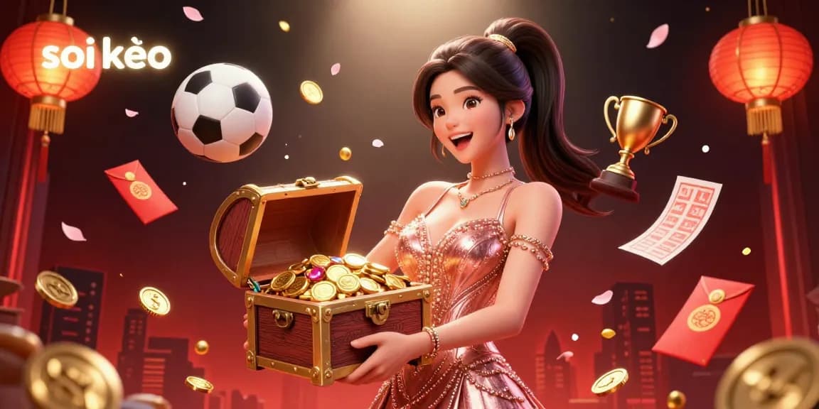 Soi kèo betting odds illustrated with a joyful Asian woman revealing treasures, surrounded by sports elements.