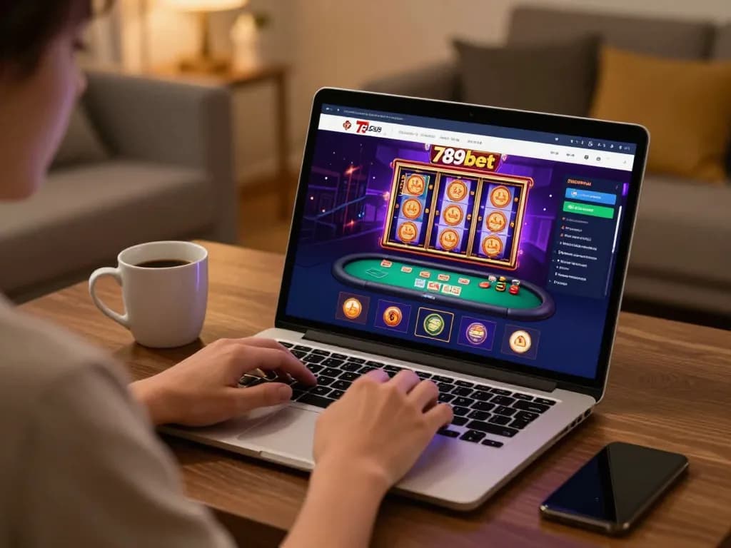 Player exploring 789bet casino interface on laptop in a cozy home setting, showcasing online gambling experience.