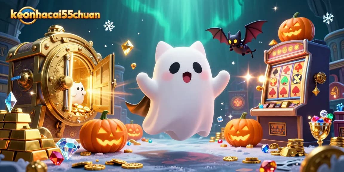 Engage with keonhacai55chuan in a lively casino scene featuring ghost cat and treasures.