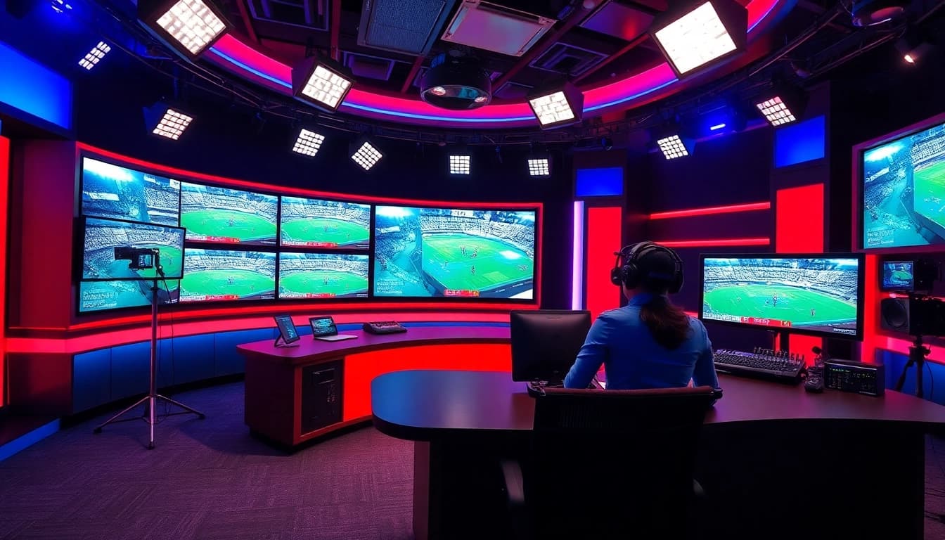 Captivating sports broadcasting scene with dynamic lighting and advanced technology.