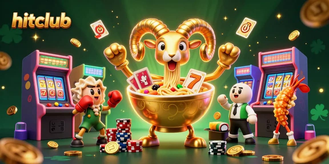 Join the action at hitclub with this vibrant 3D illustration featuring a golden ramen bowl and game elements.