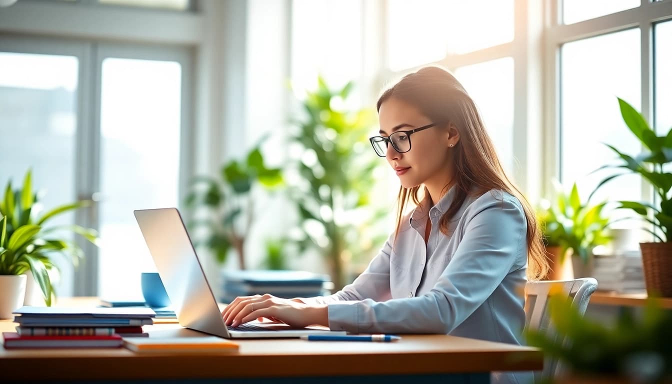 Office 2024 für macOS dauerhaft nutzen in einem modernen Büro mit einer produktiven Frau.