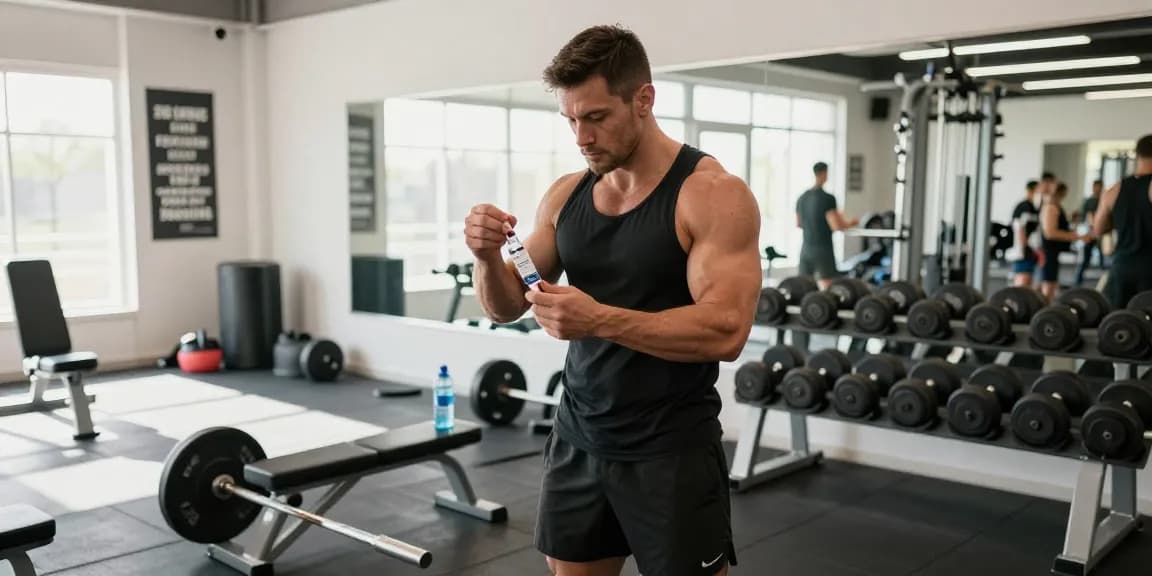 Anabolika-Shop - Athlet, der sich mit anabolen Steroiden in einem modernen Fitnessstudio auf Fitness und Bodybuilding vorbereitet.
