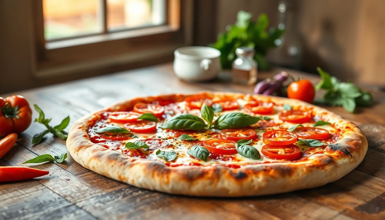 Eine verführerische Gute Pizza, frisch aus dem Ofen mit köstlichen Belägen.