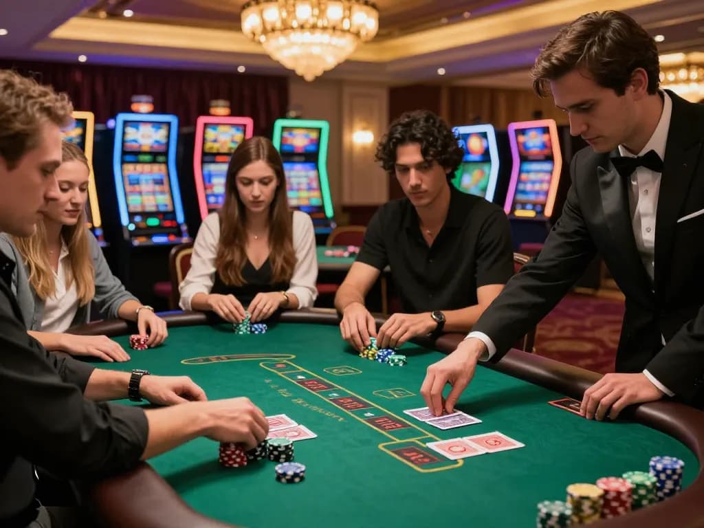 Players engaging in an exciting game of blackjack at PHPVIP casino with a focused dealer and plush decor