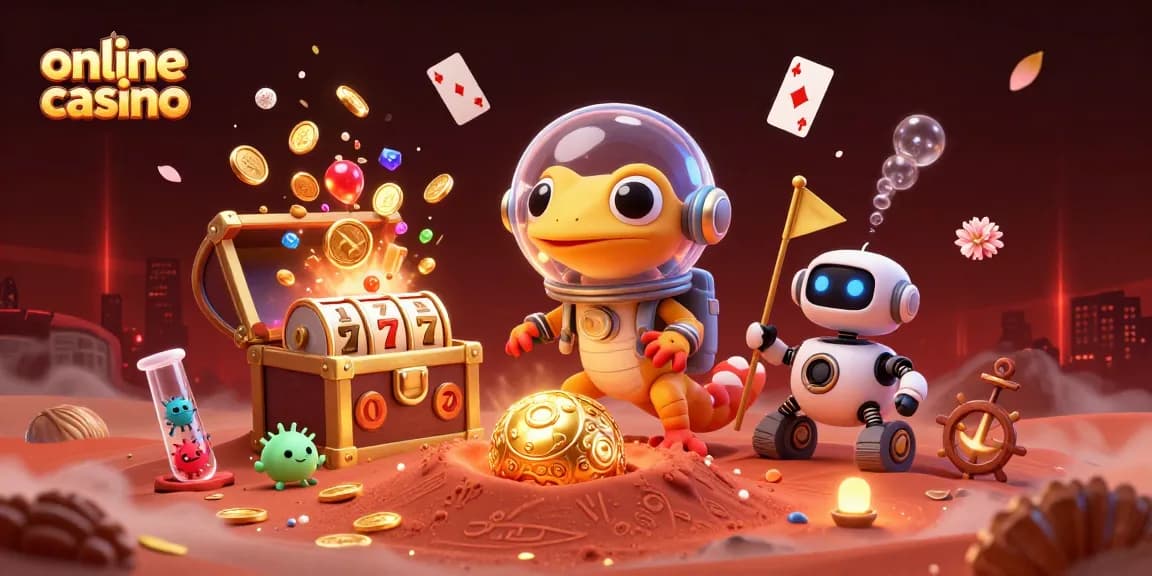 Martian gecko exploring an online casino in a vibrant, dynamic 3D scene full of casino elements.