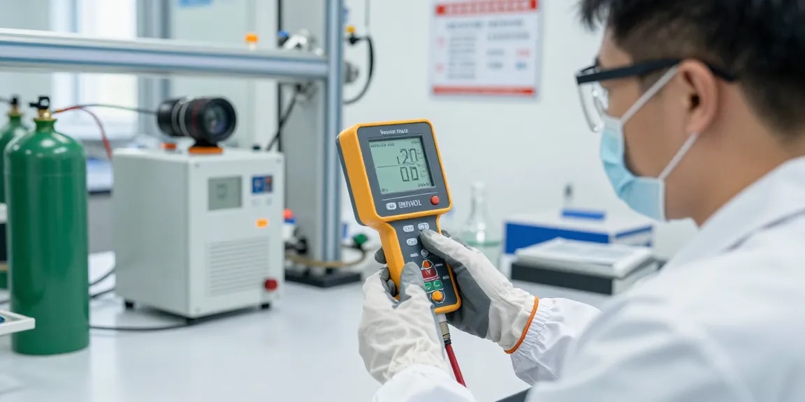 Benzol Messgerät in Verwendung, Techniker analysiert Benzolkonzentration in ppm in einer professionellen Laborumgebung.