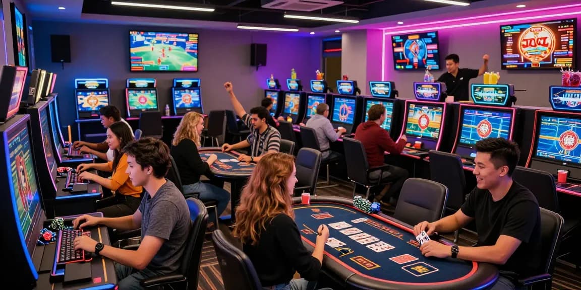 Visitors enjoying the electrifying atmosphere at https://gemwin.pics/ online gaming lounge with vibrant interactions and games