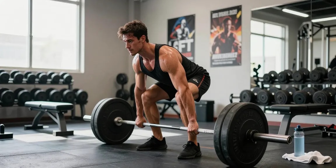 Bodybuilder beim Training im Selliza Shop, moderne Fitnessumgebung mit Gewichten.