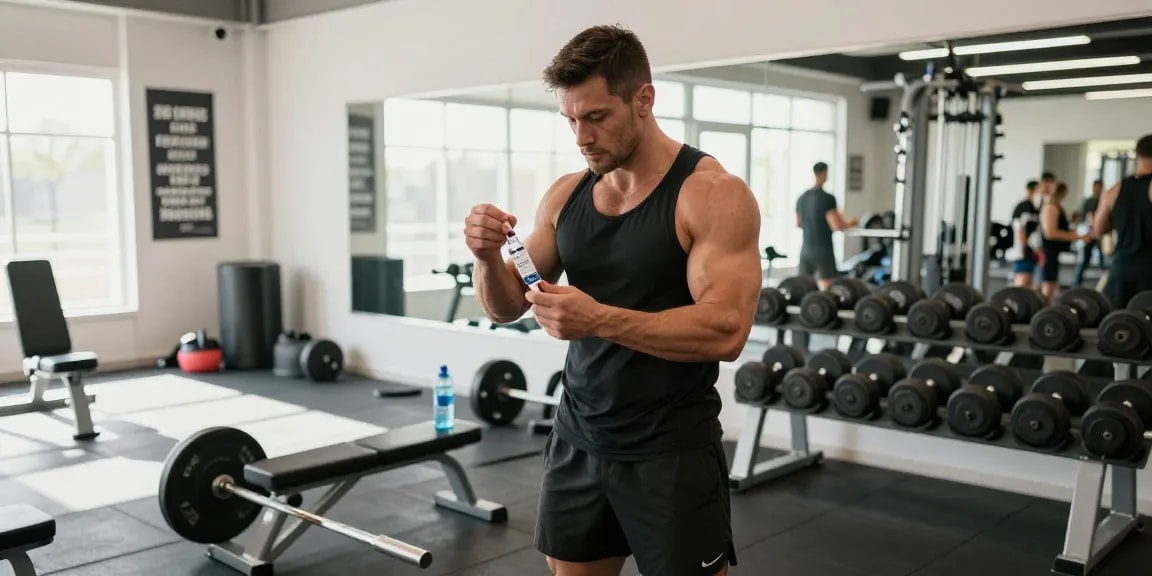 Anabolika-Shop - Athlet, der sich mit anabolen Steroiden in einem modernen Fitnessstudio auf Fitness und Bodybuilding vorbereitet.