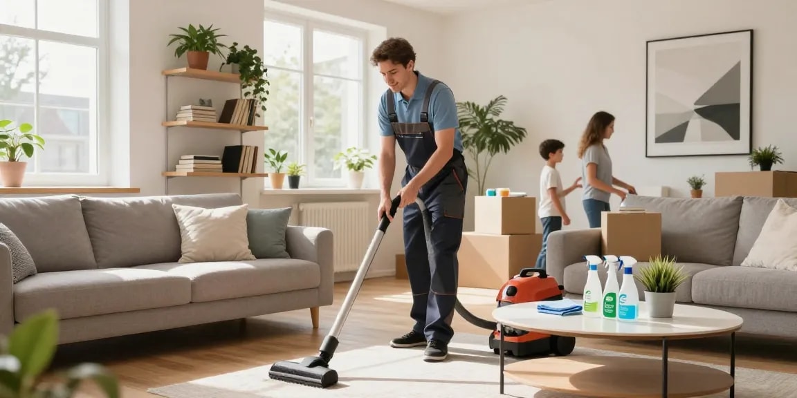 Professional cleaner performing umzugsreinigungen bern in a bright living room, ensuring a spotless move-in experience.