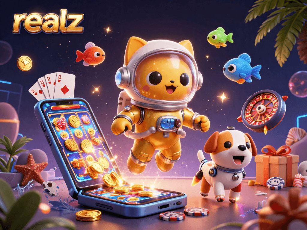 beeindruckendes 3D-Bild von realz, mit einer Astronautenkatze und einem Roboterhund, umgeben von casinoartigen Elementen