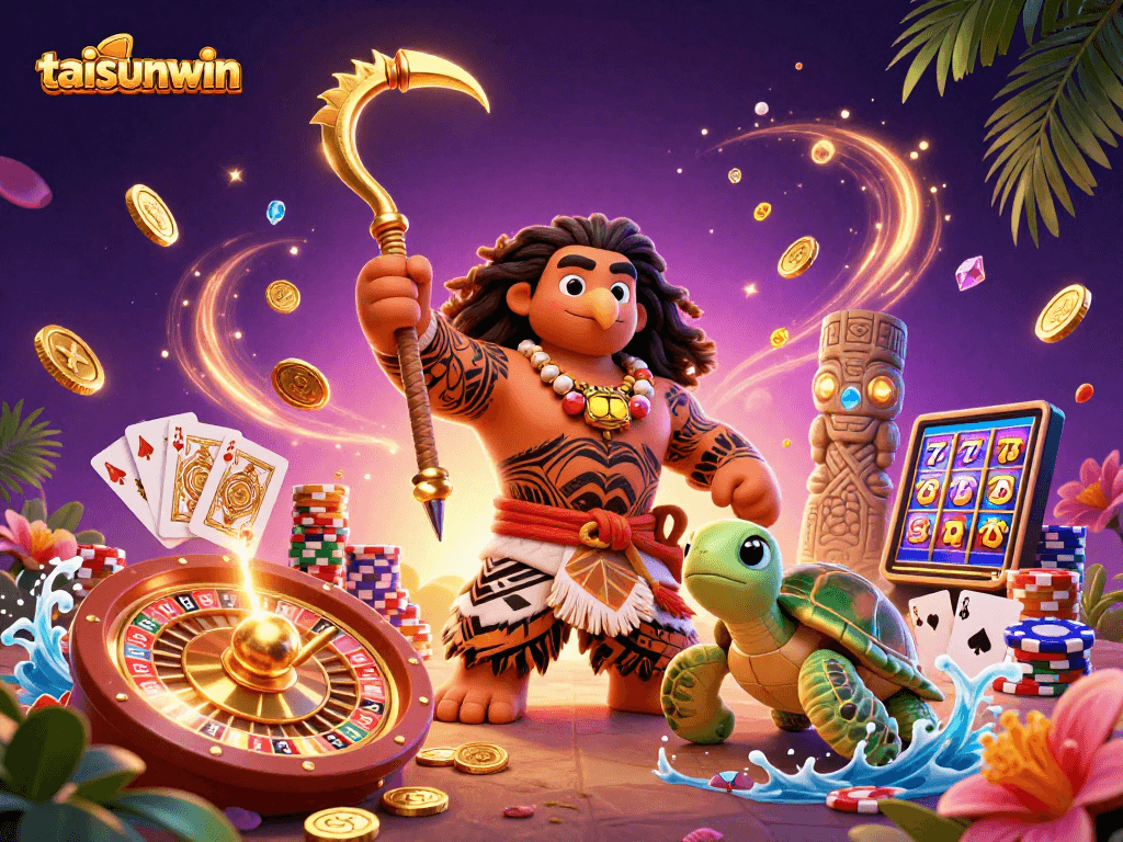 Experience the thrilling action with taisunwin's vibrant 3D casino scene featuring a Maui demigod.