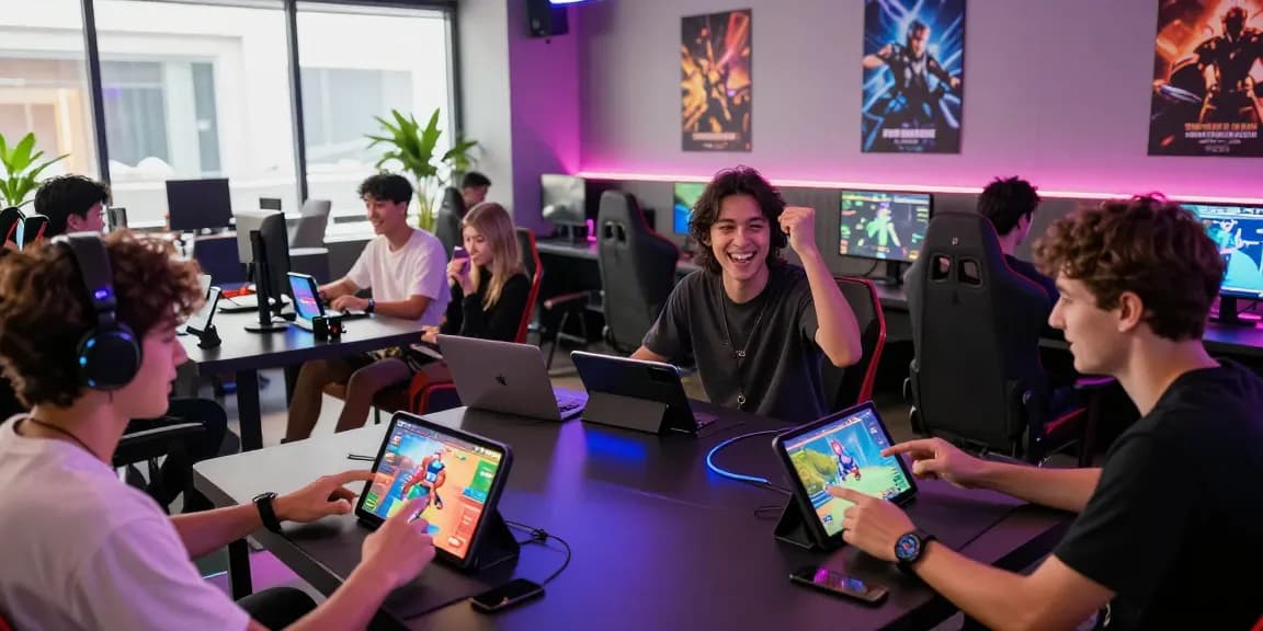 B52 Club gaming lounge with players on devices at https://b52club.radio.fm/, vibrant atmosphere and interaction.