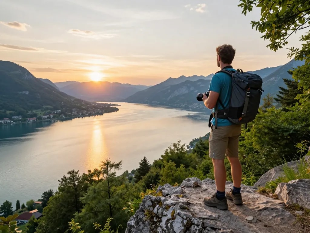 Wunderschöne Gardasee Reisetipps Landschaft mit Reisendem bei Sonnenuntergang.