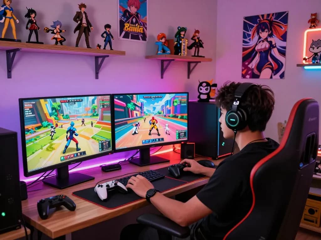 Engaging gaming setup with action from hentai game characters and vibrant anime art.