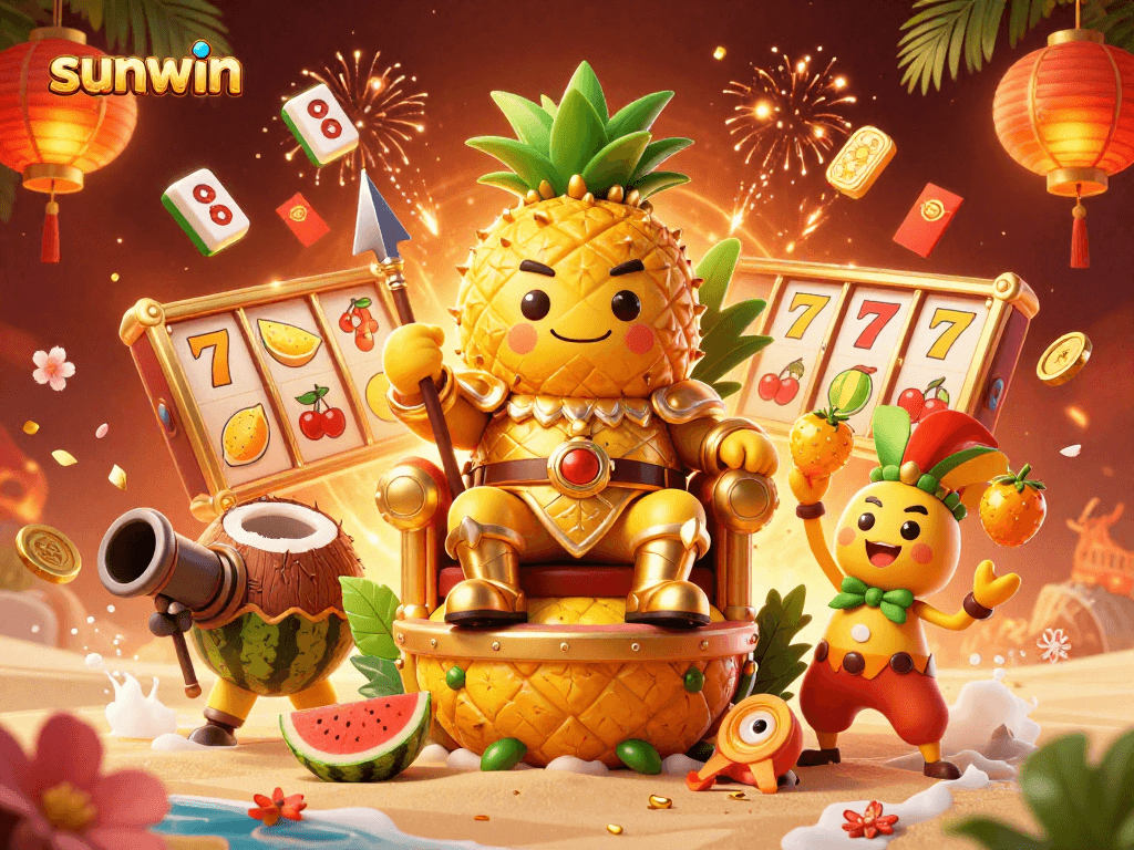 Experience thrilling gameplay as sunwin offers vibrant casino action with a golden pineapple king and joyous characters.