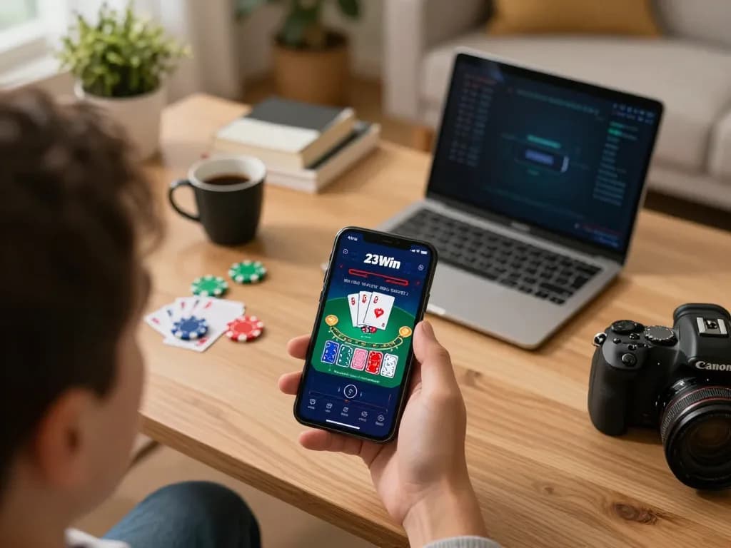 Engaged player using the 23Win app for a strategic online blackjack game in a cozy living room setting.