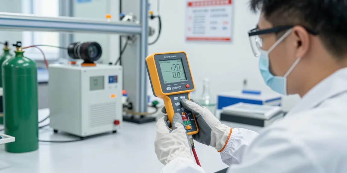 Benzol Messgerät in Verwendung, Techniker analysiert Benzolkonzentration in ppm in einer professionellen Laborumgebung.