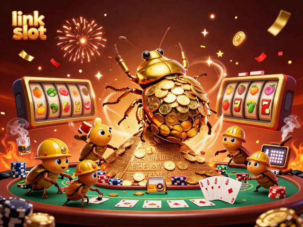 Experience the thrill of link slot with colorful casino symbols and golden beetles celebrating wins!