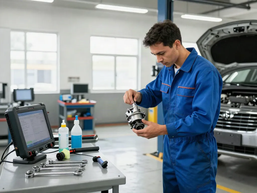 Mechaniker bei der DPF Reinigung Hannover in einer modernen Werkstatt, DPF wird geprüft.