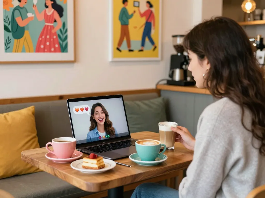 Engaging conversation with girlfriend AI in a cozy coffee shop atmosphere