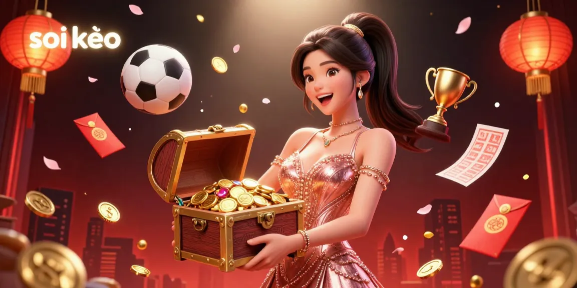 Soi kèo betting odds illustrated with a joyful Asian woman revealing treasures, surrounded by sports elements.