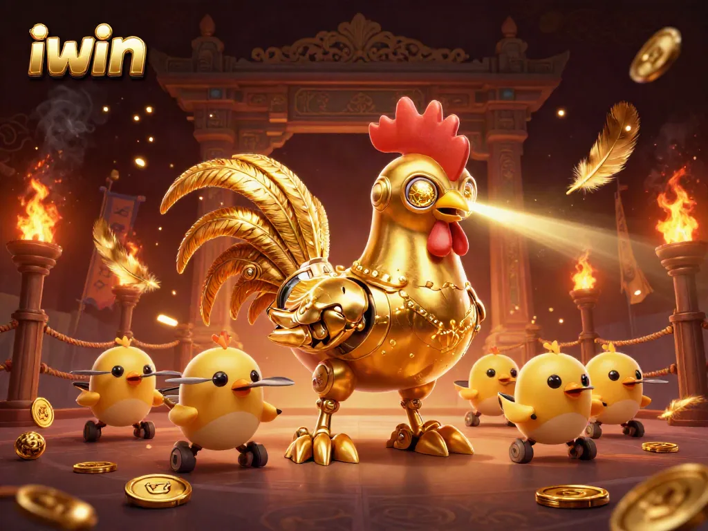 Win thrilling iwin casino experiences with a dynamic scene showcasing a golden rooster robot amidst vibrant casino elements.