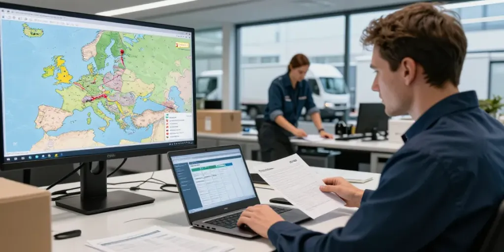 Professionelles Team in der Speditionsfirma in Bielefeld überwacht Transportprozesse und Routenplanung.