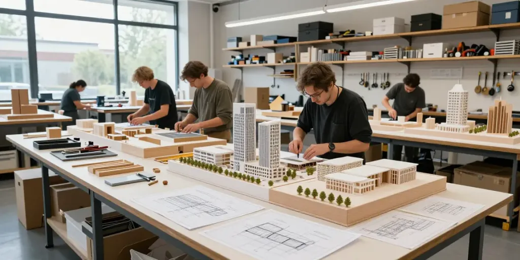 Detaillierte Szene des Architekturmodellbaus in den Niederlanden mit Handwerkern, die sorgfältige Modelle erstellen.