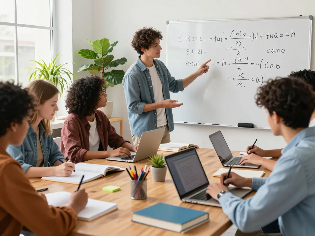 Schüler lösen gemeinsam Hausaufgaben in einem hellen Lernraum mit Laptops und Büchern.