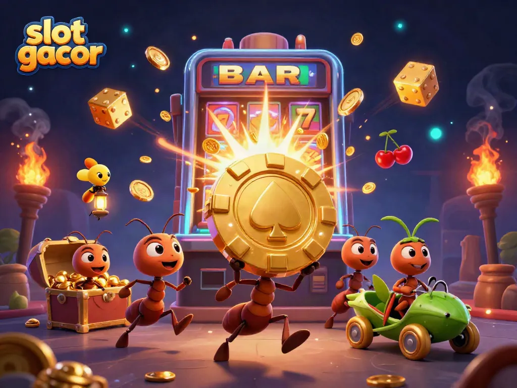 Experience the thrill of slot gacor action with cartoon ants on a heist in a vibrant casino scene.