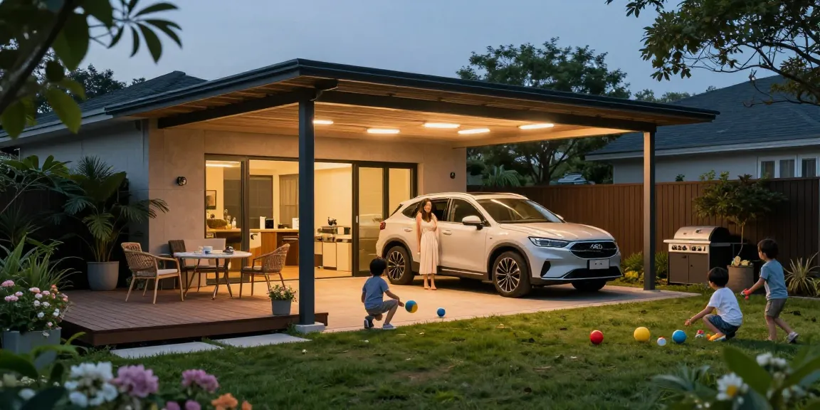 Moderne Carport mit Familie im Garten und Kindern beim Spielen