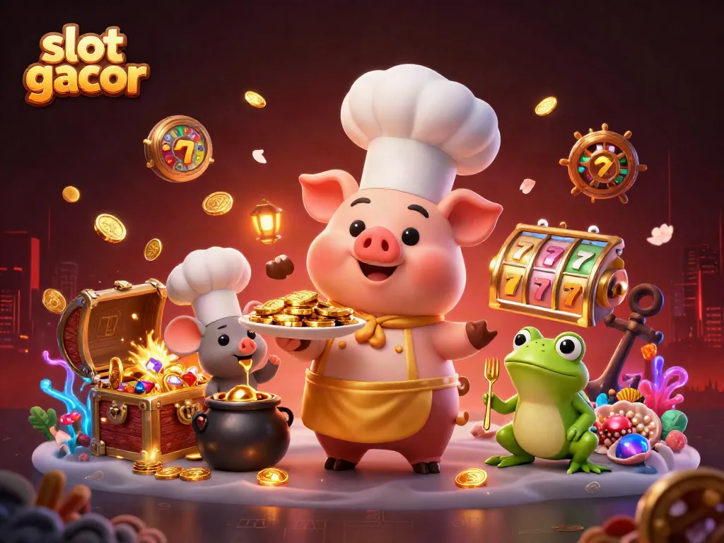 Engaging scene of slot gacor featuring a chef pig, sous-chef mouse, and critic frog with golden coins.