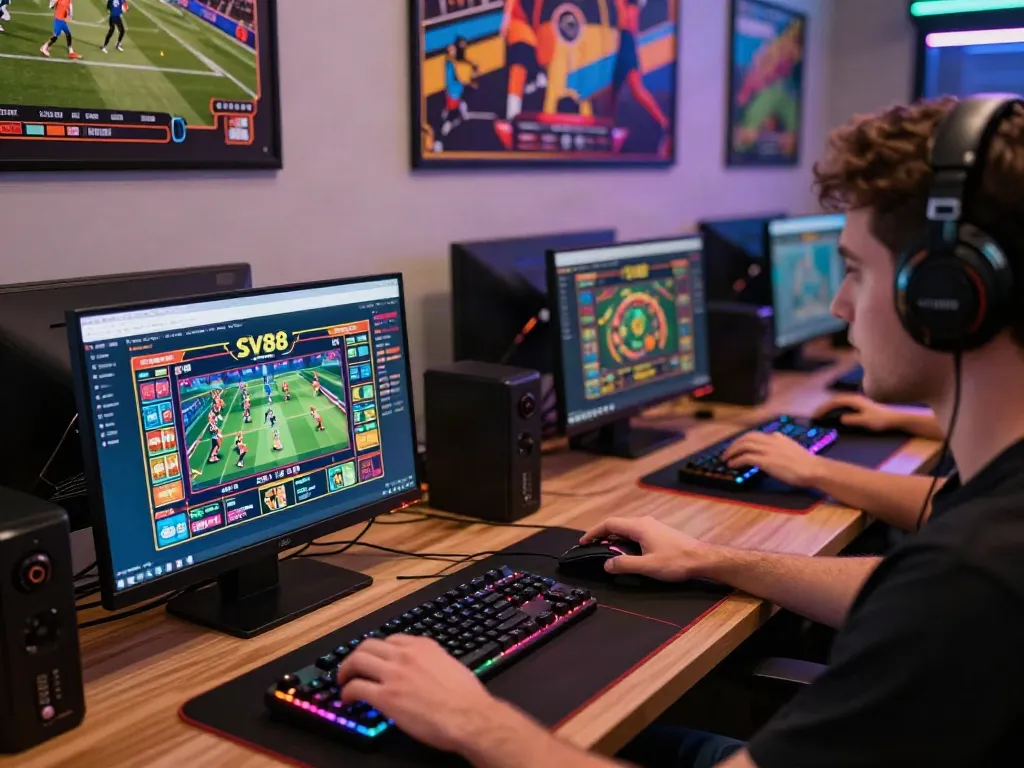 An engaging online gaming scene featuring a player using SV88 sportsbook on a laptop.