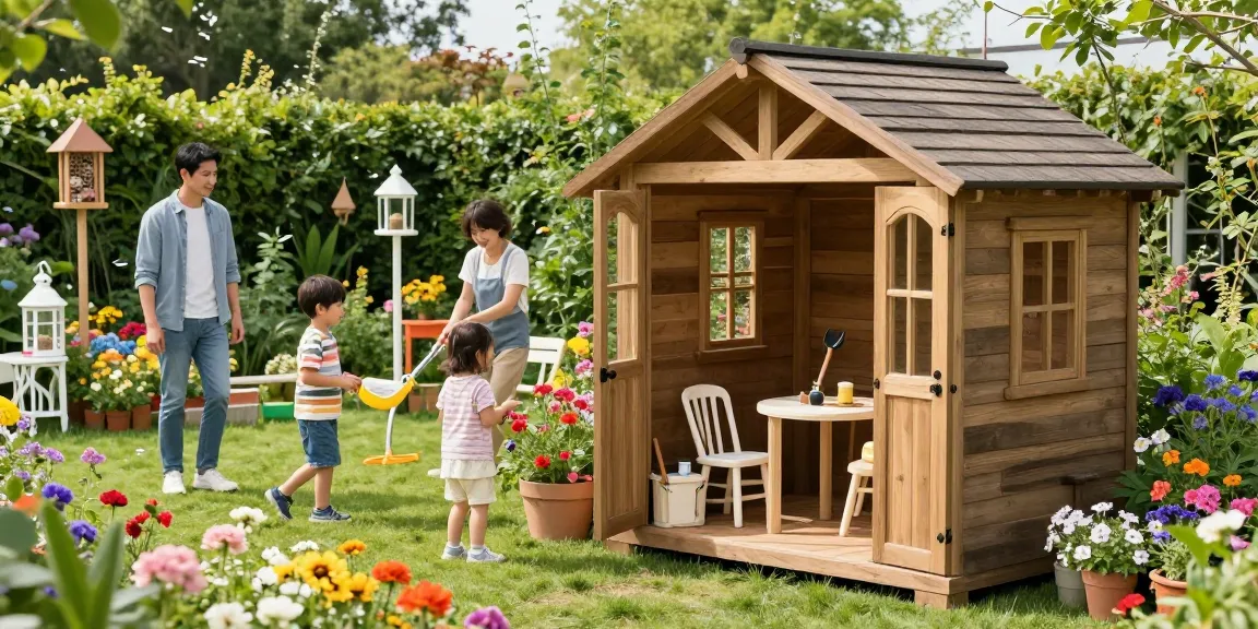 Gartenhaus kaufen, modernes Holz-Gartenhaus in einer blühenden Gartenlandschaft mit spielenden Kindern und entspannten Erwachsenen.