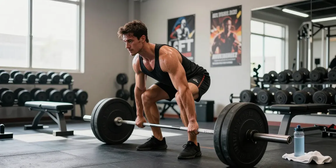Bodybuilder beim Training im Selliza Shop, moderne Fitnessumgebung mit Gewichten.