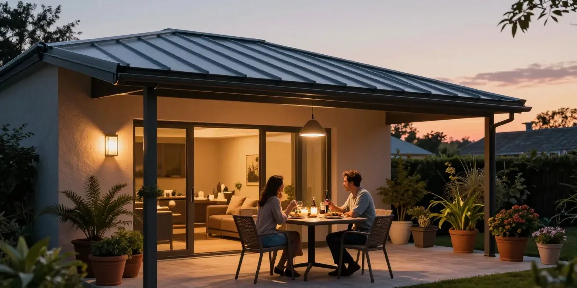 Moderne Terrassenüberdachungen in einem stilvollen Garten mit entspannter Atmosphäre.