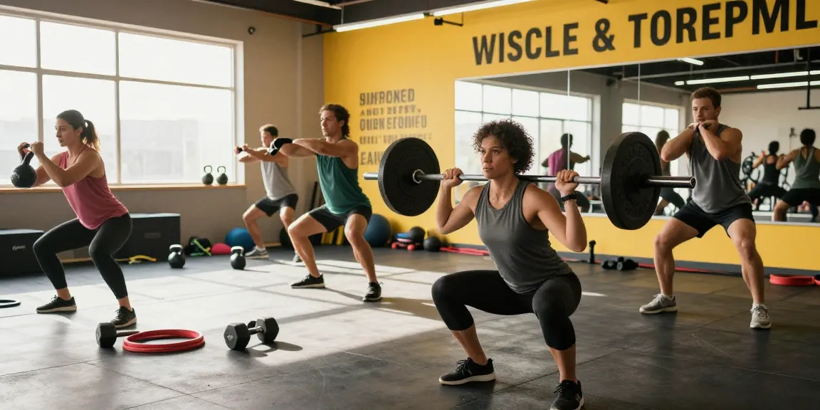 Gruppe von Sportlern, die in einem Fitnessstudio trainiert, mit Energie und Fokus in der Umgebung des Anabolika-Shops.