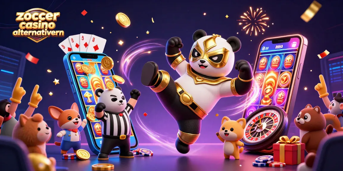 Das Zoccer Casino Alternativen zeigt einen Pandawrestler in Aktion, umgeben von aufregenden Glücksspiel-Elementen.