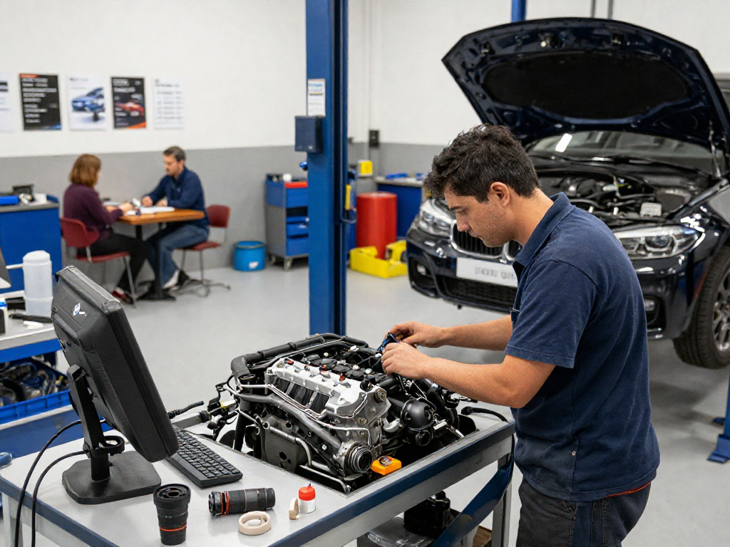 Professioneller Mechaniker in der BMW Werkstatt Hannover repariert einen BMW-Motor mit modernster Ausrüstung.