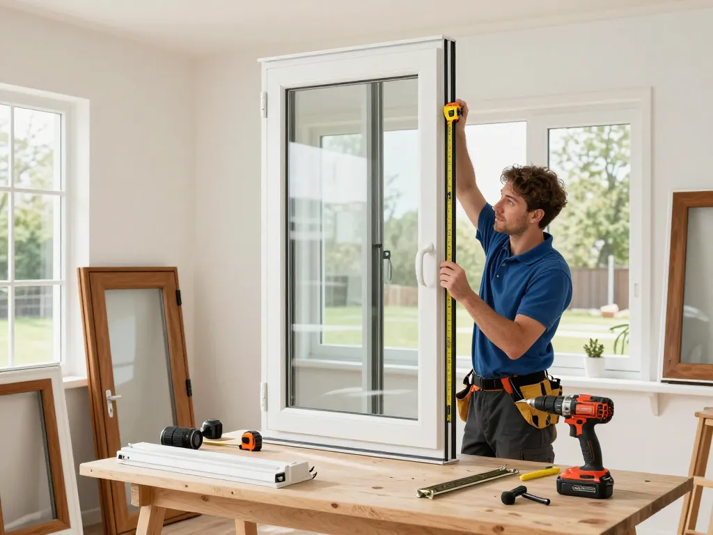 Fachkundiger Tischler bei der Fensterbau Bonn Fensterinstallation in modernem Wohnumfeld.