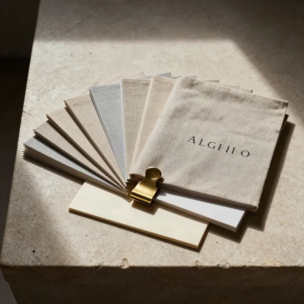 Alghero-Folio mit Kartenreitern, Leinenshülle und Messingclip auf hellem Stein.