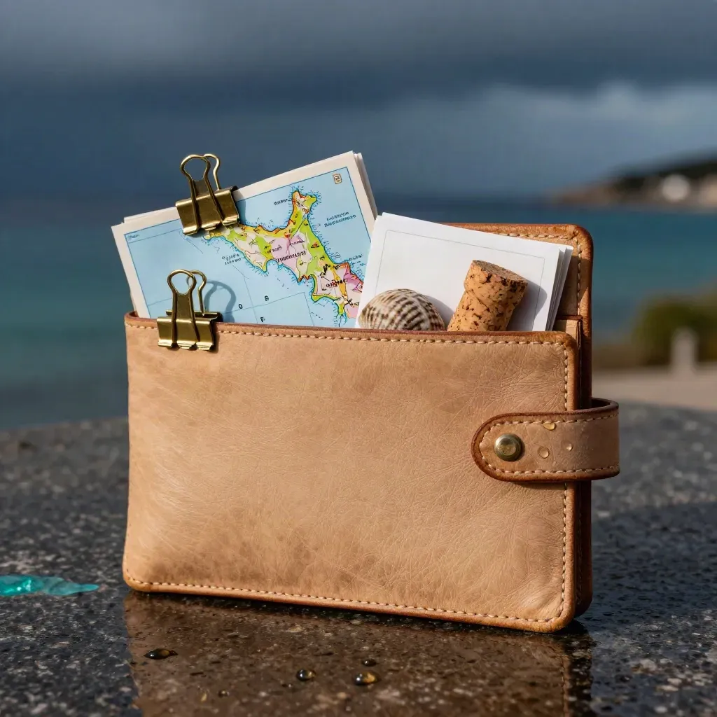 Sandfarbene Leder-Reisehülle mit Inselkarte, Muschel und Fährkarte auf nasser Steinterrasse.