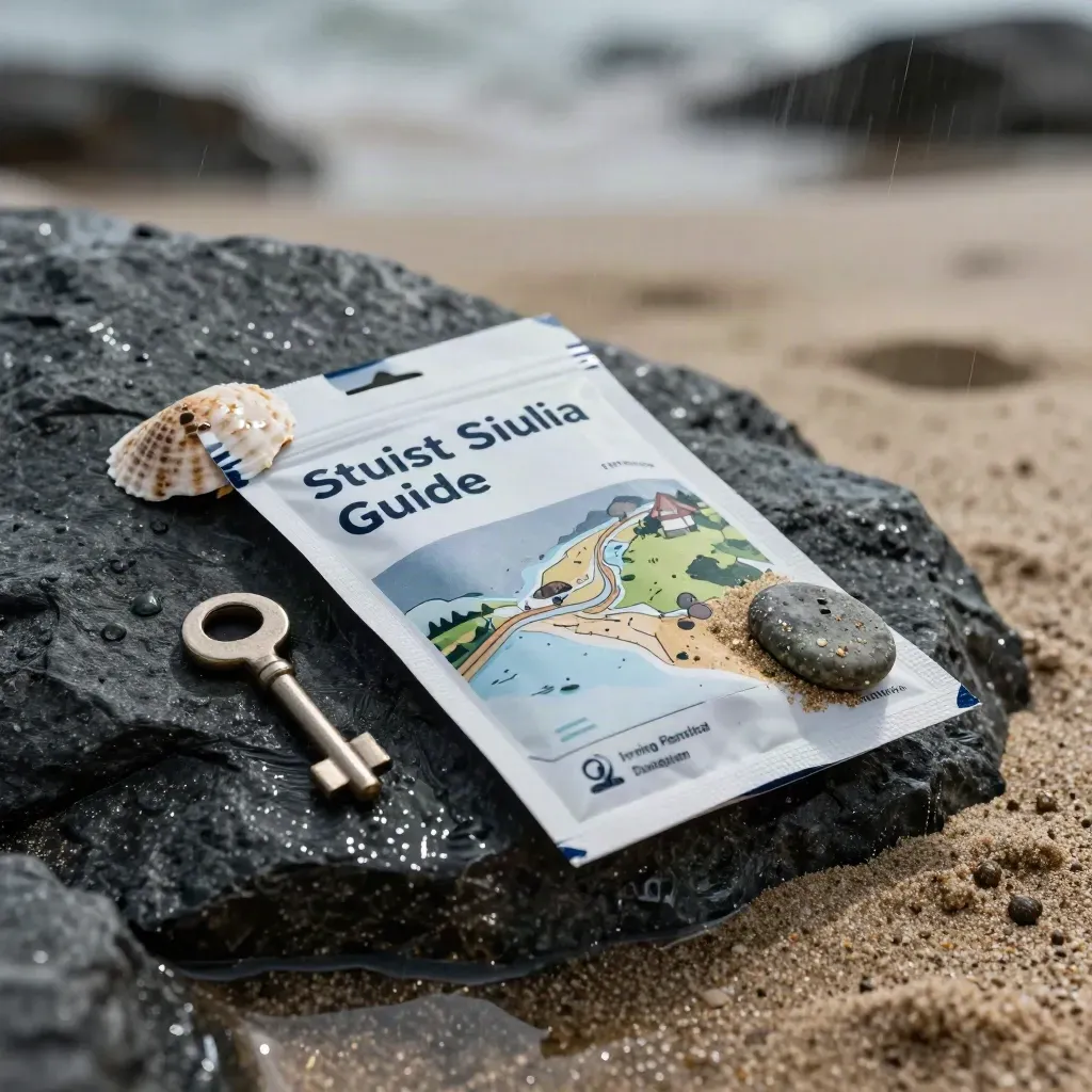 Beach-Guide-Paket auf nassem Basalt mit Muschel, Stein und Wassertropfen