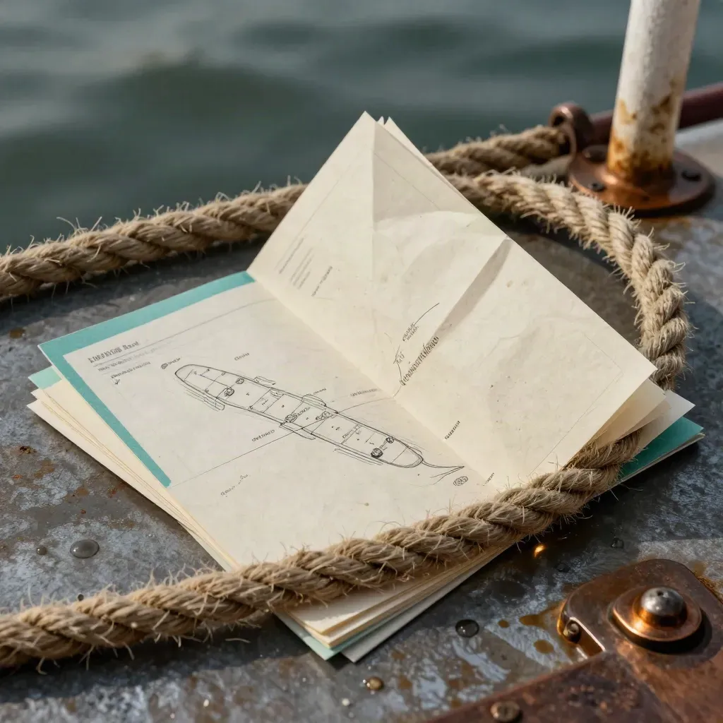 Fährplan-Set mit Karten, Seil und Deckplan auf windigem Pier, nah und detailreich.