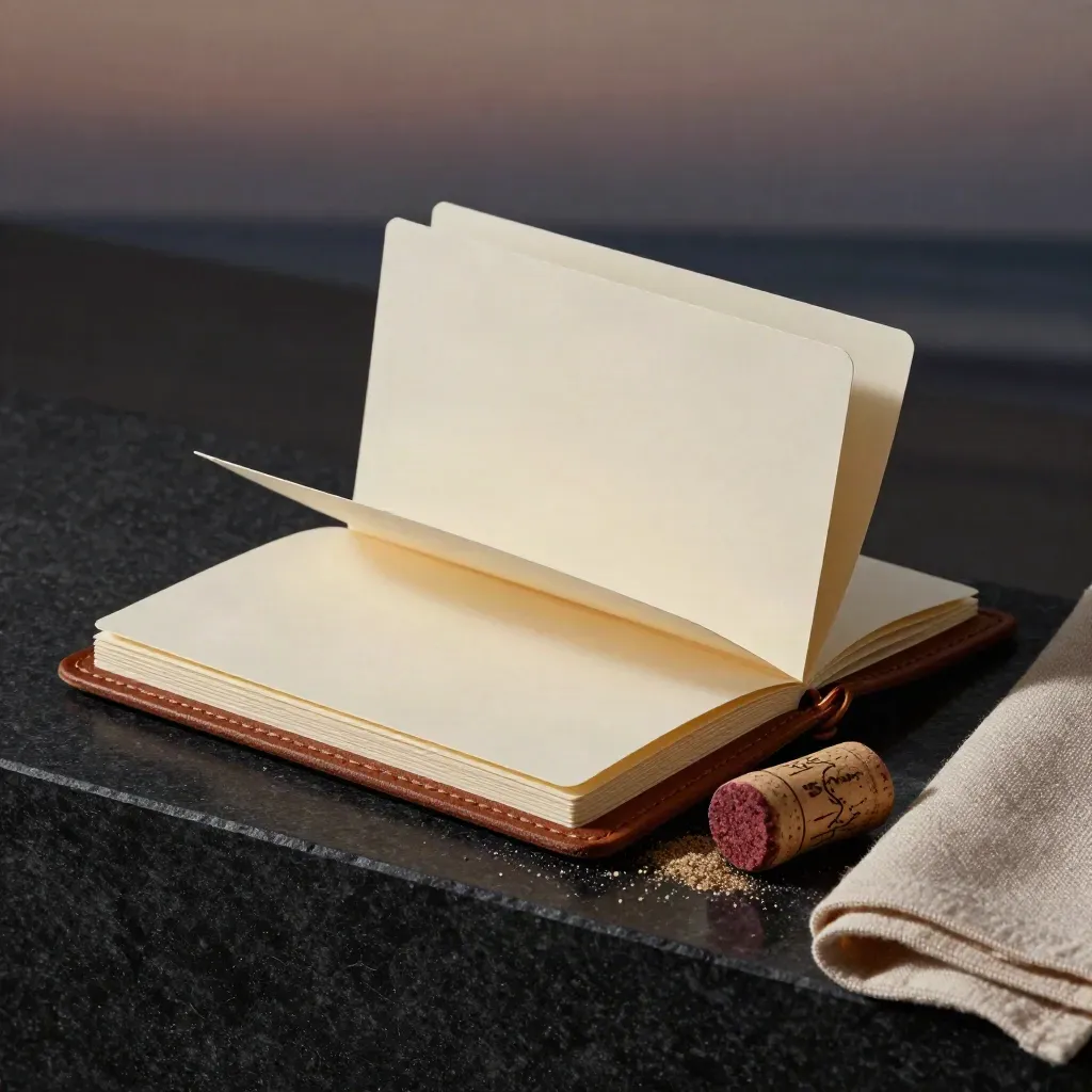 Dunkle Reise-Folio mit Karten, Kork und Leinen auf Stein im Abendlicht.