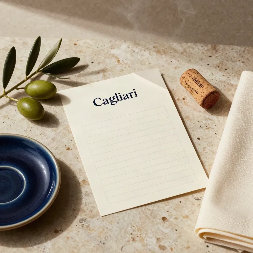 Restaurant-Paket mit Olivenzweig, Schale, Korken und Serviette auf Travertin.