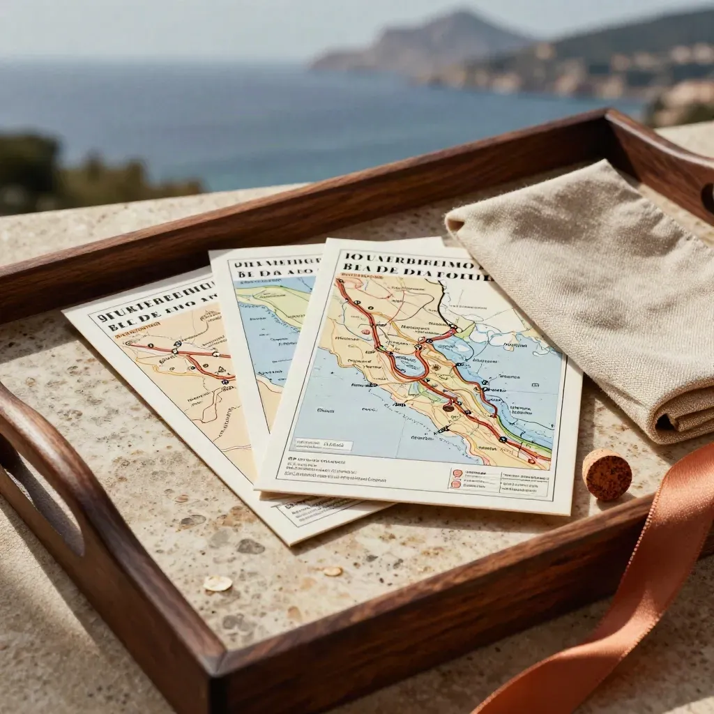 Romantische Sardinien-Reiseunterlagen mit Karten, Leinen, Korktoken und Travertin.